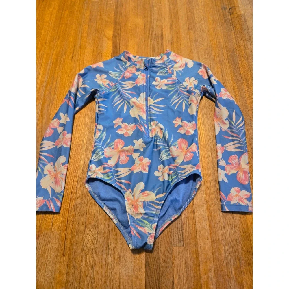 Wonder Nation Girl Med Tropical Floral Long Sleeve One Piece Rash Guard Swimsuit